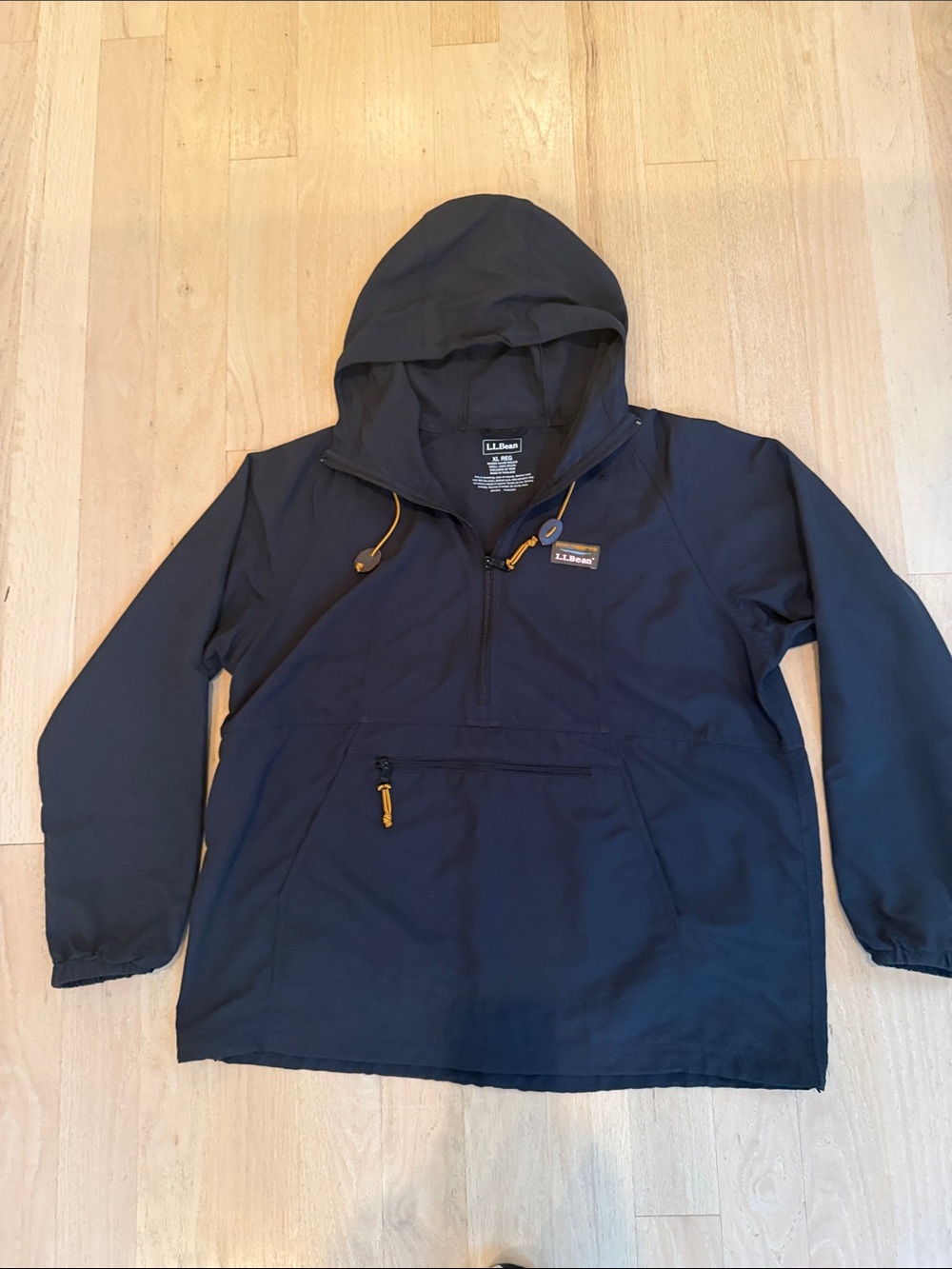 L.L. Bean Navy Hooded Windbreaker with Gold Accent Pulls